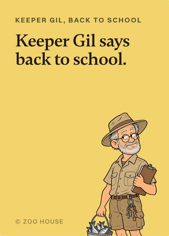 Front of the Keeper Gil back to school card: Keeper Gil, back to school. Keeper Gil says back to school.