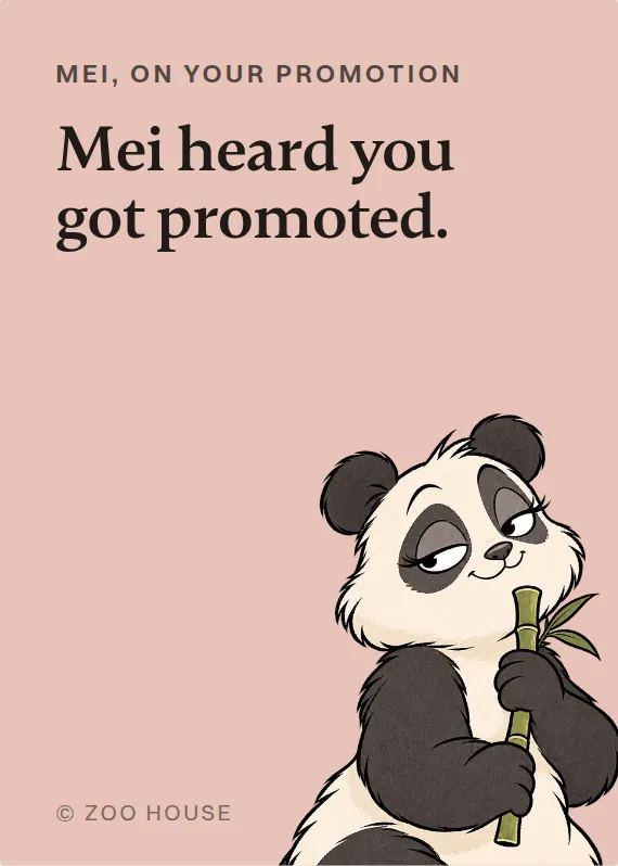 Front of the Mei promotion card: Mei, on your promotion. Mei heard you got promoted.