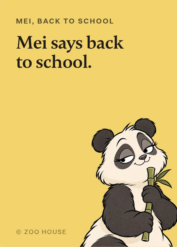 Mei back to school card: Mei says back to school.
